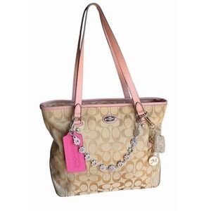 Vintage Coach Zip Top Tote Signature Leather Canvas Pink Cream Y2K 2000's Bag